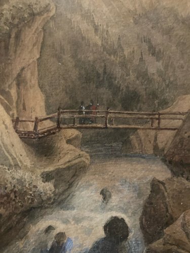Peinture gouache Painting 1886 Paysage Alpes Italie ?XIXe Ancien Pont Montagne