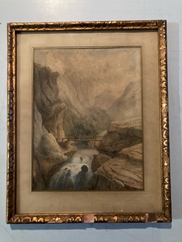 Peinture gouache Painting 1886 Paysage Alpes Italie ?XIXe Ancien Pont Montagne