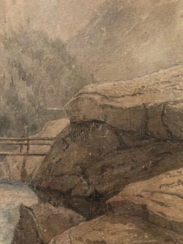 Peinture gouache Painting 1886 Paysage Alpes Italie ?XIXe Ancien Pont Montagne