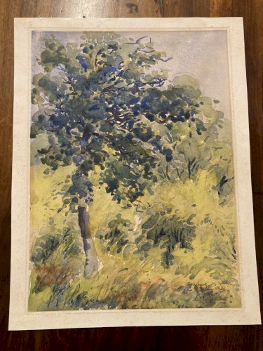 peinture Gouache Papier 1940 paysage impressionniste Pointillisme Ancien