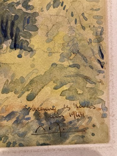 peinture Gouache Papier 1940 paysage impressionniste Pointillisme Ancien