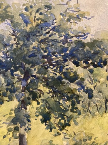 peinture Gouache Papier 1940 paysage impressionniste Pointillisme Ancien