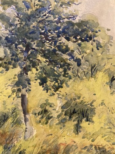 peinture Gouache Papier 1940 paysage impressionniste Pointillisme Ancien