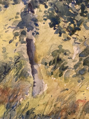 peinture Gouache Papier 1940 paysage impressionniste Pointillisme Ancien