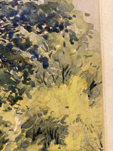 peinture Gouache Papier 1940 paysage impressionniste Pointillisme Ancien