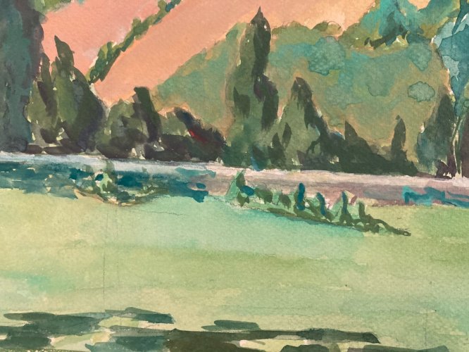 peinture Gouache Papier 1950 paysage impressionniste Ancien Impressionnisme Art