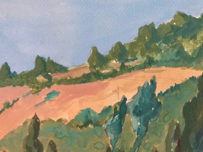 peinture Gouache Papier 1950 paysage impressionniste Ancien Impressionnisme Art