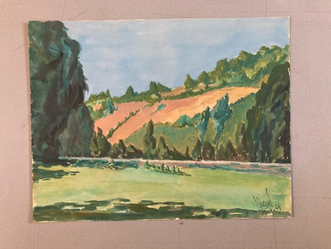 peinture Gouache Papier 1950 paysage impressionniste Ancien Impressionnisme Art