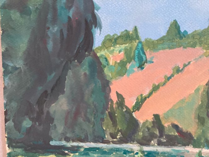 peinture Gouache Papier 1950 paysage impressionniste Ancien Impressionnisme Art