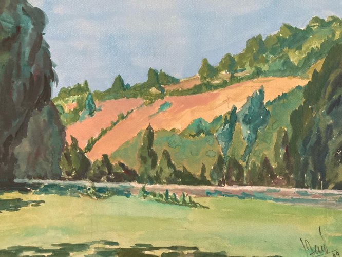 peinture Gouache Papier 1950 paysage impressionniste Ancien Impressionnisme Art