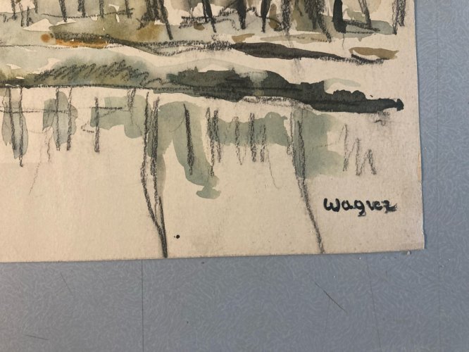 peinture Gouache Papier 1960 paysage Hortillonnage Amiens Ancien Art Canal