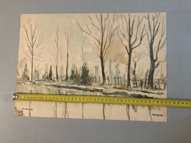 peinture Gouache Papier 1960 paysage Hortillonnage Amiens Ancien Art Canal