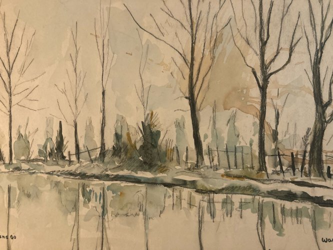 peinture Gouache Papier 1960 paysage Hortillonnage Amiens Ancien Art Canal