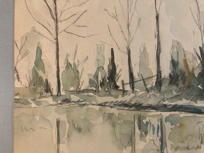 peinture Gouache Papier 1960 paysage Hortillonnage Amiens Ancien Art Canal