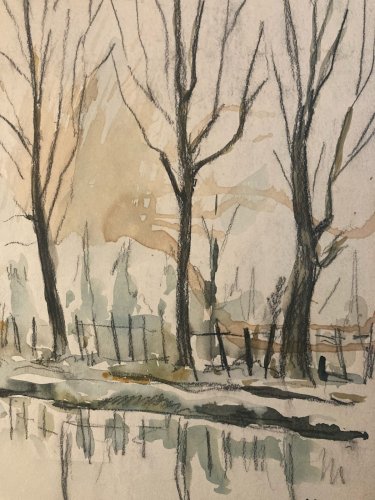 peinture Gouache Papier 1960 paysage Hortillonnage Amiens Ancien Art Canal