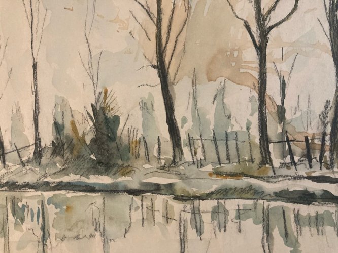 peinture Gouache Papier 1960 paysage Hortillonnage Amiens Ancien Art Canal