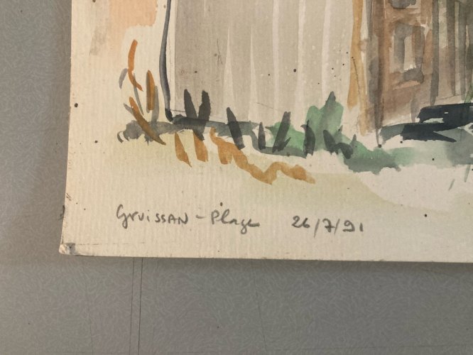 peinture Gouache Papier 1960 paysage Maison Chalet Graissan  Ancien Plage