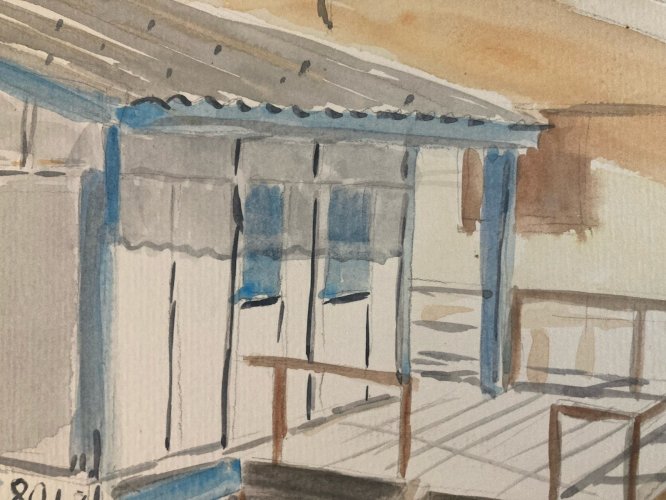 peinture Gouache Papier 1960 paysage Maison Chalet Graissan  Ancien Plage