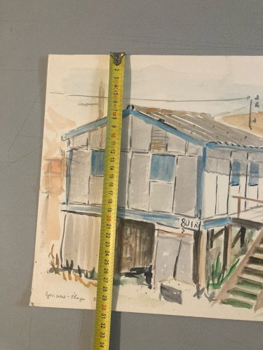 peinture Gouache Papier 1960 paysage Maison Chalet Graissan  Ancien Plage