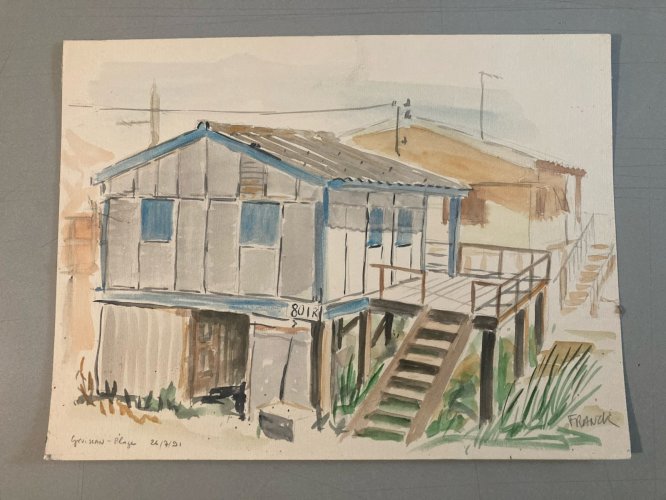 peinture Gouache Papier 1960 paysage Maison Chalet Graissan  Ancien Plage