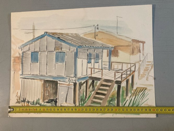 peinture Gouache Papier 1960 paysage Maison Chalet Graissan  Ancien Plage