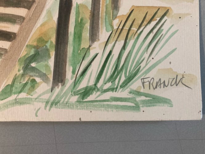 peinture Gouache Papier 1960 paysage Maison Chalet Graissan  Ancien Plage