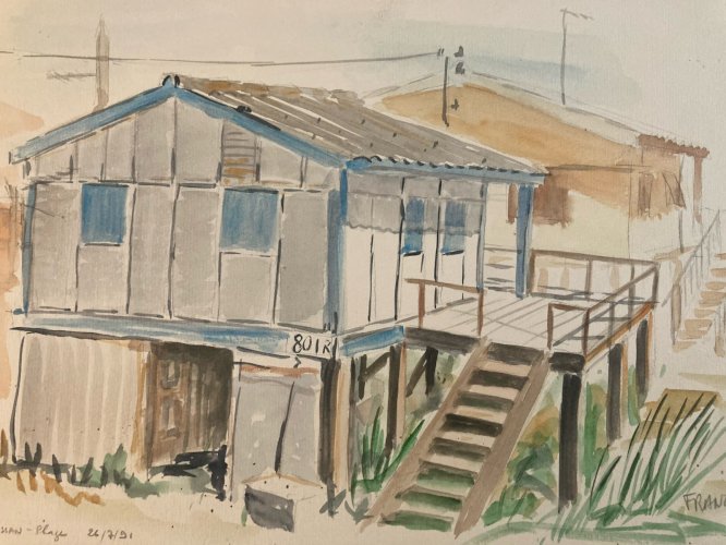 peinture Gouache Papier 1960 paysage Maison Chalet Graissan  Ancien Plage