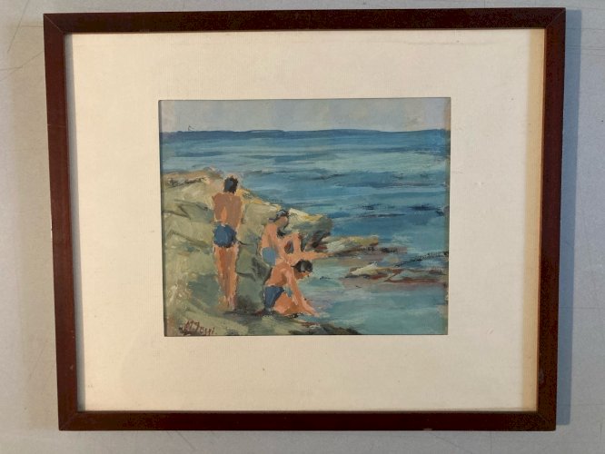 peinture Gouache Papier 1960 paysage Plage Mer Marguerite JAGGI-FORRER Painting