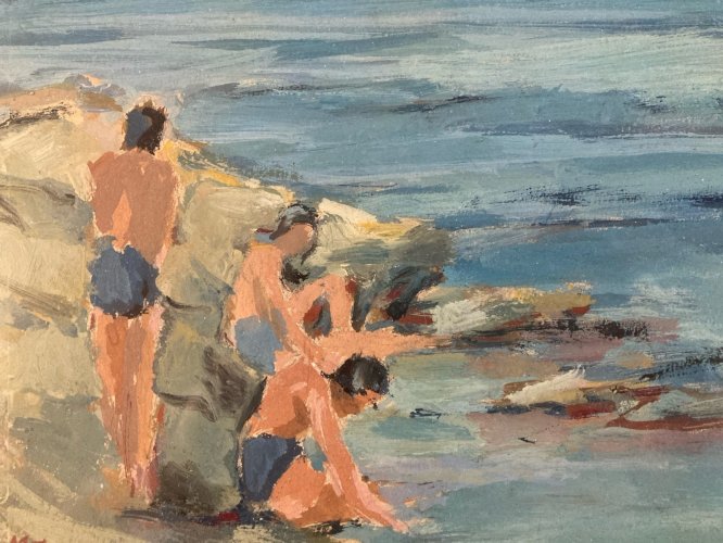 peinture Gouache Papier 1960 paysage Plage Mer Marguerite JAGGI-FORRER Painting
