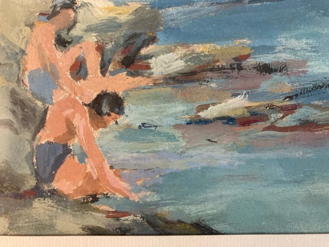 peinture Gouache Papier 1960 paysage Plage Mer Marguerite JAGGI-FORRER Painting