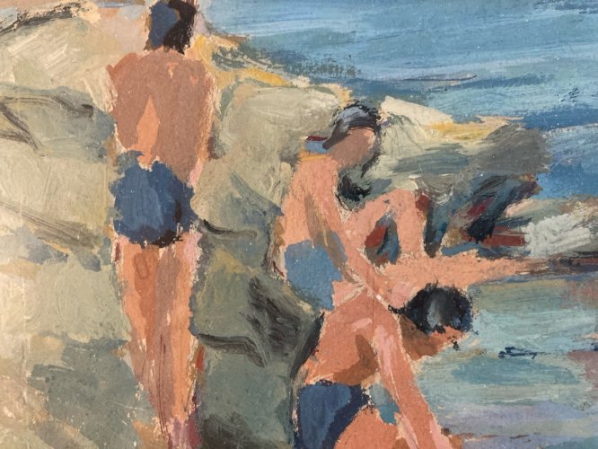 peinture Gouache Papier 1960 paysage Plage Mer Marguerite JAGGI-FORRER Painting