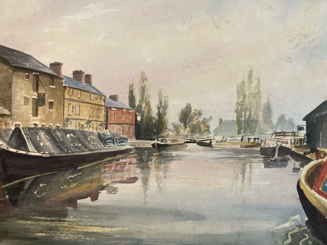 Peinture gouache Papier 1960  Péniche Canal Ecole Anglaise Artiste Ville?