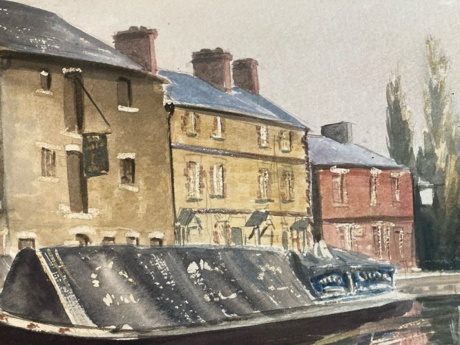 Peinture gouache Papier 1960  Péniche Canal Ecole Anglaise Artiste Ville?