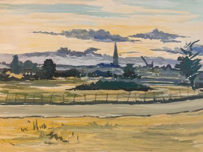 Gouache Painting Paper 1970 Impressionist Landscape Le Mesnil Ancient Art