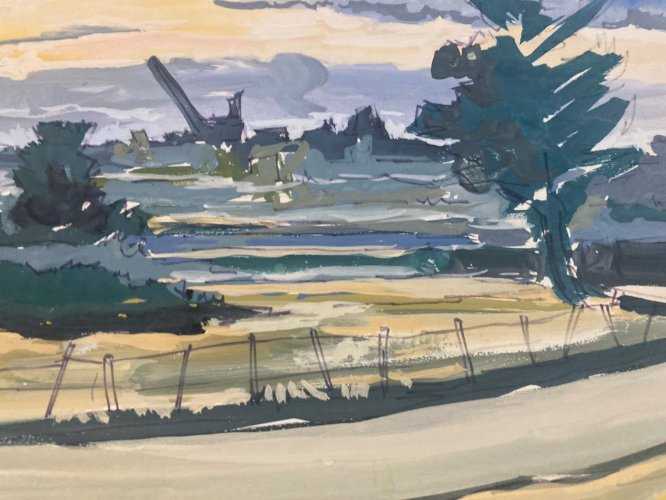 peinture Gouache Papier 1970 paysage impressionniste Le Mesnil Ancien Art