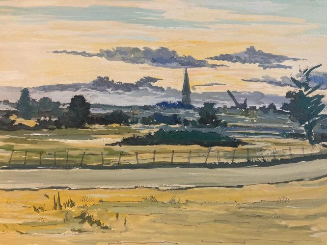 peinture Gouache Papier 1970 paysage impressionniste Le Mesnil Ancien Art