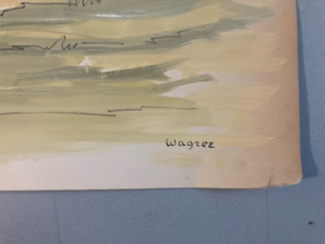 peinture Gouache Papier 1970 paysage impressionniste Le Mesnil Ancien Art