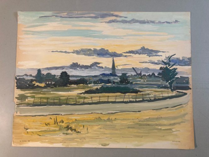 peinture Gouache Papier 1970 paysage impressionniste Le Mesnil Ancien Art