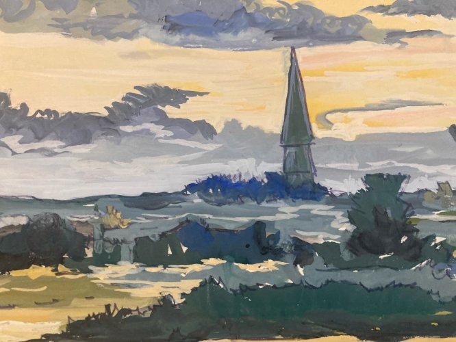 peinture Gouache Papier 1970 paysage impressionniste Le Mesnil Ancien Art