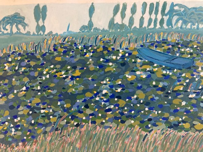 peinture Gouache Papier 1970 paysage impressionniste Pointillisme Ancien
