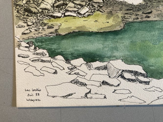 Peinture Gouache  Papier 1988 Art Lac Lestio Montagne Queyras Painting Alpes