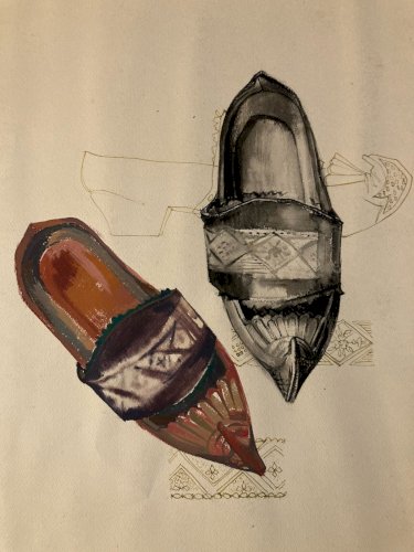 Peinture Gouache Papier Chaussure Sabot 1950 Ancien A Identifier Art