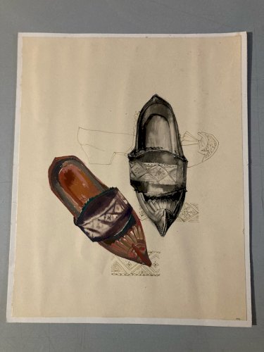 Peinture Gouache Papier Chaussure Sabot 1950 Ancien A Identifier Art