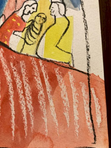 Peinture Gouache Papier Nativité Fauve Fauvisme Jesus Christ 1970 Art