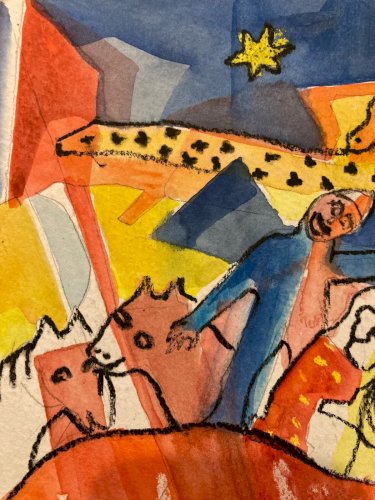 Peinture Gouache Papier Nativité Fauve Fauvisme Jesus Christ 1970 Art