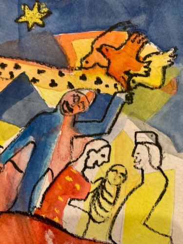 Peinture Gouache Papier Nativité Fauve Fauvisme Jesus Christ 1970 Art