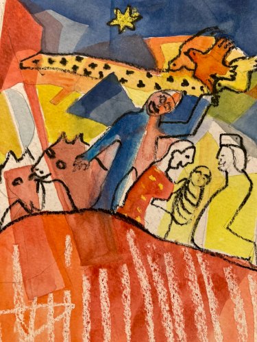 Peinture Gouache Papier Nativité Fauve Fauvisme Jesus Christ 1970 Art