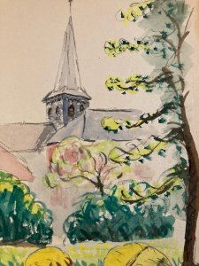 Gouache Painting Paper Landscape Tree Church To Identify Ancient Art