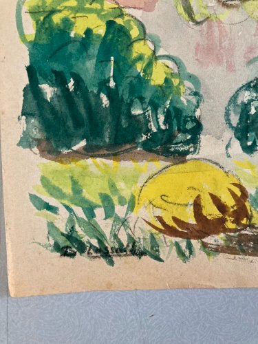 Peinture Gouache Papier Paysage Arbre  Eglise À Identifier Ancien Art