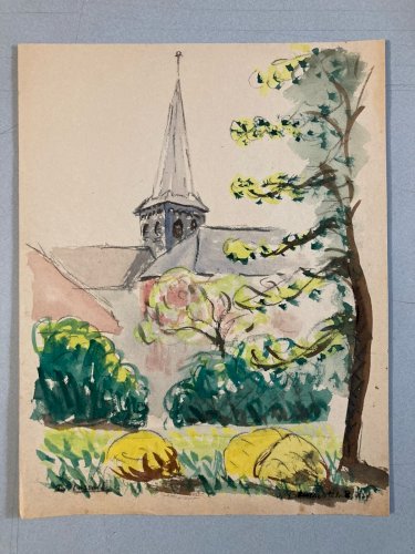 Peinture Gouache Papier Paysage Arbre  Eglise À Identifier Ancien Art